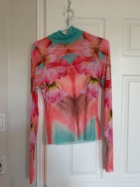 AFRM Floral High-Neck Long Sleeve Top in Coral & Teal
